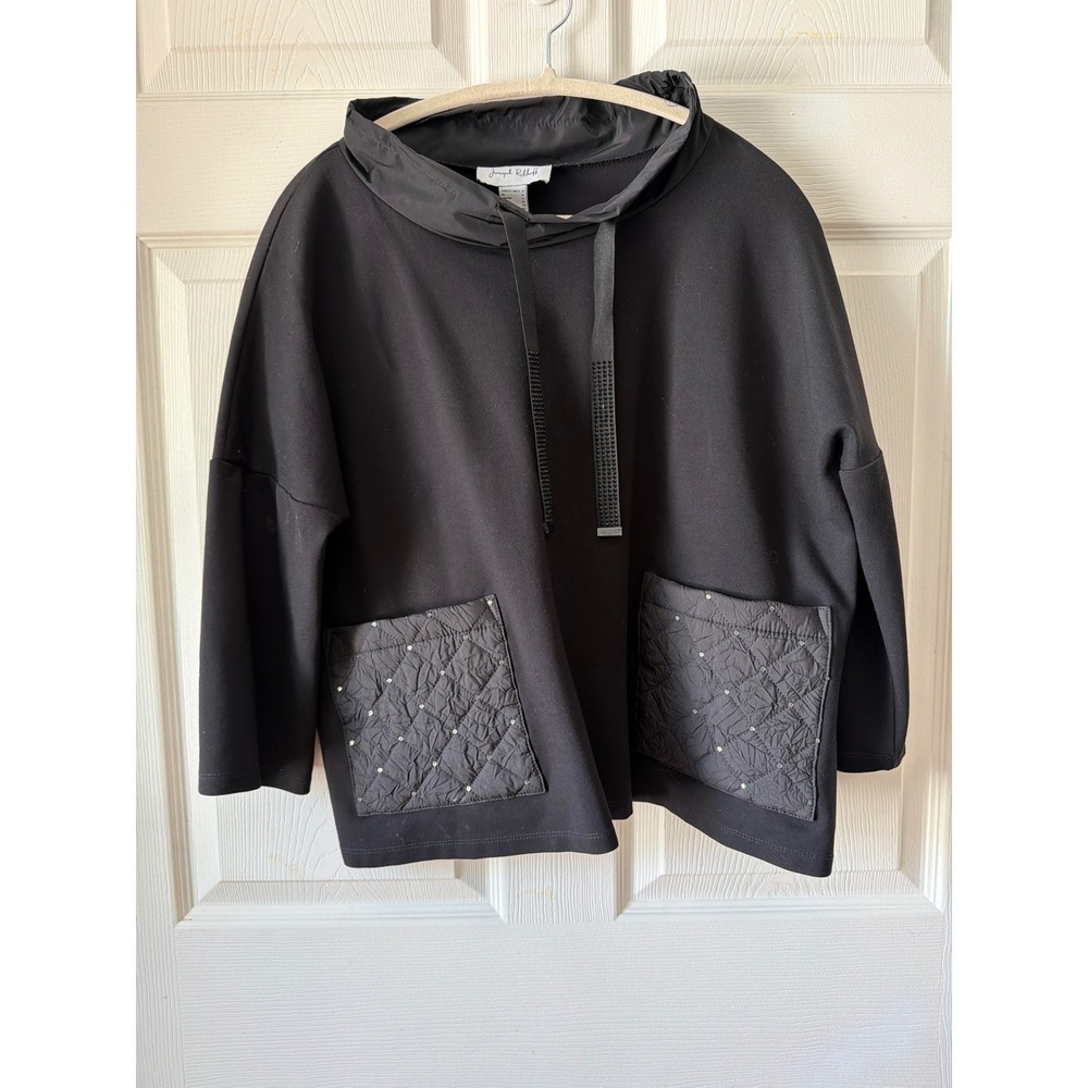 Joseph Ribkoff Hoodie Women 8 Black Quilted Sequin Pocket Boxy Pullover